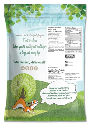 Food to Live Organic White Basmati Rice, 25 Pounds – Non-GMO, Long-Grain Rice Variety, Fragrant, Kosher, Vegan, Bulk. Non-Irradiated. Less Starch.Great for Indian Dishes.