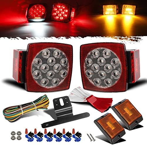 Partsam 12V Waterproof Square LED Trailer Tail Light Kit Clear Lens Red Trailer Brake Stop Tail Turn Signal Running Lights License Kit for Camper