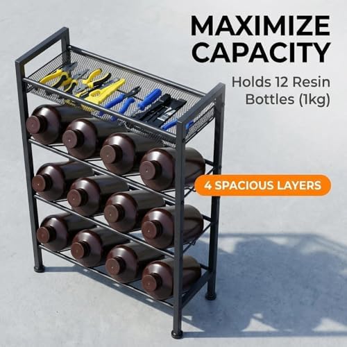 3D Printer UV Resin Bottle Storage Rack, 4 Tier 12 Bottles (1kg) | Carbon Steel Grid Design Heavy Duty Holder