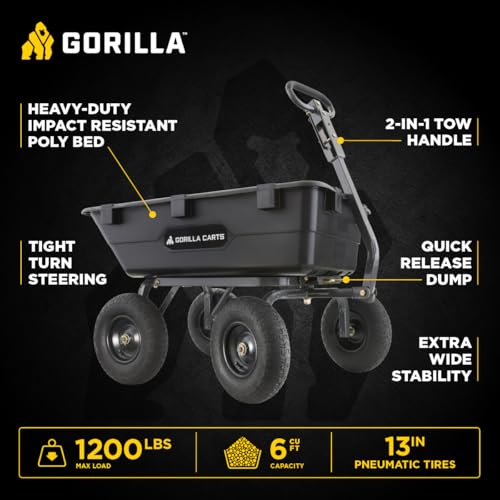 Gorilla Carts Poly Garden Dump Garden Cart with Easy to Assemble Steel Frame, Camping Wagon with Quick Release System, 1200 Pound Capacity, and 13 Inch Tires | 1,200-lb Capacity, 6 Cu Ft Tub Poly Dump Cart with Quick-Release Dump for Bigger Yard Cleanup…