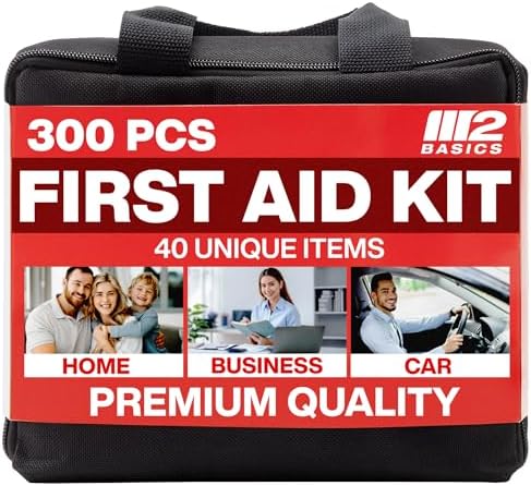 M2 BASICS 300 Piece Premium First Aid Kit w/Durable Bag for Home, Business | Office, Workplace, Car, Garage, Kitchen, Family, Classroom, Jobsite