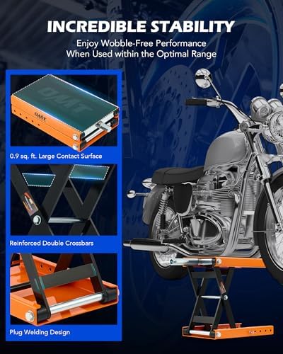 OMT 1100lb Motorcycle Scissor Lift Jack Wide Deck Motorbike Hoist Stand | Center Stand For ATV Dirt Bike Cruiser; T Handle And 3/8 Inch Socket; 3.7 To 14.6 Inch Lift; 5 Locking Holes; Chain Brush