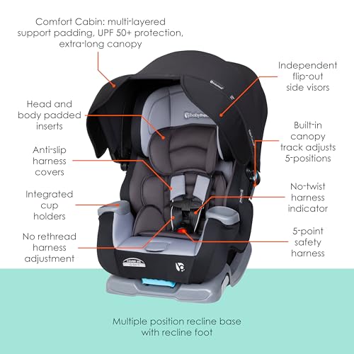 Baby Trend Cover Me™ 4-in-1 Convertible Car Seat, Vespa – Built-in Canopy, 4-Stage Growth System, Plush Comfort Padding, Multi-Position Recline