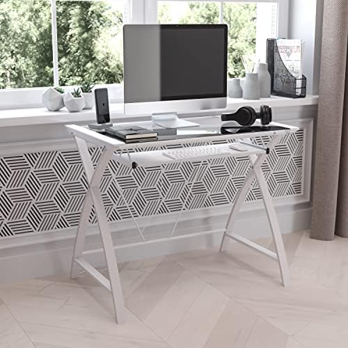 Flash Furniture Jude Tempered Glass Computer Desk with Pull-Out Keyboard Tray and Crisscross Frame, Small Computer Desk for Home Office, Cherry/Clear