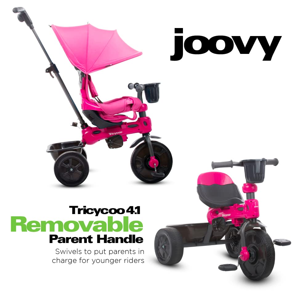 Joovy Tricycoo 4.1 Kids Tricycle with 4-Stages Featuring Extra-Wide Front Tire, Removable and Adjustable Parent Handle, Safety Harness