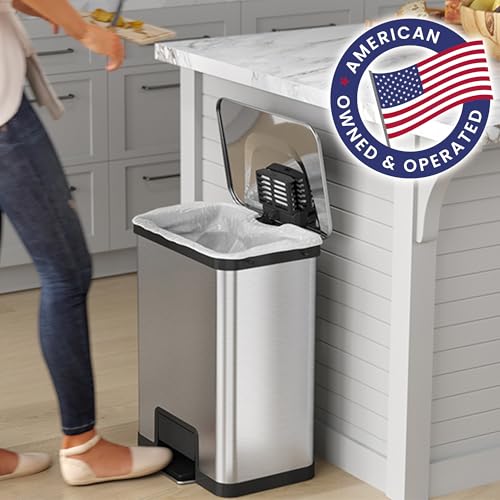 iTouchless Airstep 13 Gallon Step Pedal Kitchen Trash Can with Odor Filter, 50 Liter Commercial Grade Stainless Steel Recycle Bin for Home and Office, Silent Lid Open and Close