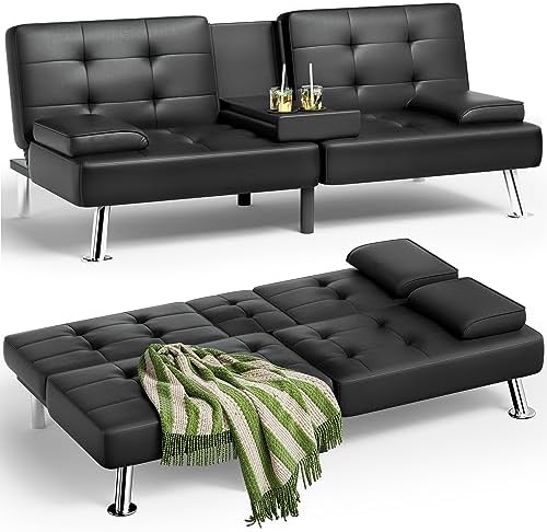 JUMMICO Faux Leather Futon Sofa Bed, Sleeper Sofa with Adjustable Backrest