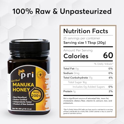 P.R.I Manuka Honey MGO 200+ (500g/1.1lb) | Monofloral Raw New Zealand Honey, Cool‑Processed & 100% Traceable