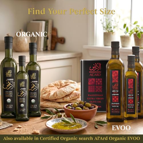 Al'Ard Palestinian Extra Virgin Olive Oil, 500ml Cold Pressed Olive Oil from Palestine, Smooth Balanced Flavor, Premium EVOO, 16.9 Fl Oz Glass Bottle