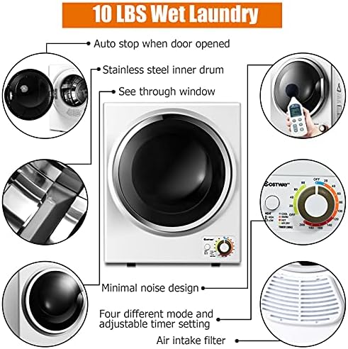 COSTWAY Compact Laundry Dryer, 110V Electric Portable Clothes Dryer with Stainless Steel Tub