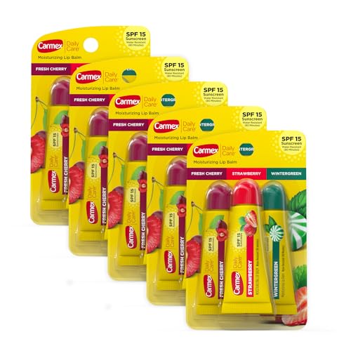 Carmex Daily Care Moisturizing Lip Balm Pack, Lip Balm With Sunscreen in Fresh Cherry, Strawberry and Wintergreen -0.35 Ounce (Pack of 3)