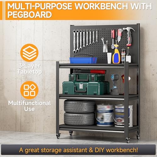 48" H Work Bench with Storage, Garage Work Bench with Pegboard and Wheels | Mobile Workbench, Adjustable Shelves, Large Pegboard, Lockable Wheels