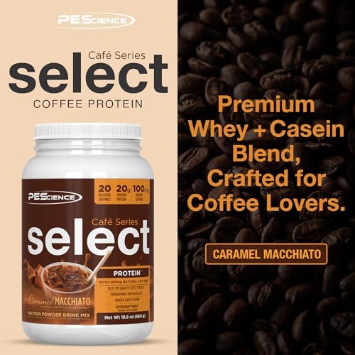 PEScience Select Cafe Protein Coffee Powder, Caramel Macchiato, 20 Servings | 100mg Caffeine, 20g Iced Protein Coffee Powder or Creamer