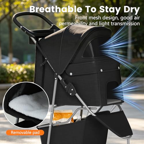 BestPet | 3-Wheel Pet Stroller | Dog and Cat Stroller | Breathable Mesh | Lightweight Travel Carrier | Waterproof & Foldable Design | Storage Basket | Black | for Daily Walks & Outdoor Use | Breathable Mesh | Lightweight, Waterproof Travel Carrier with C…