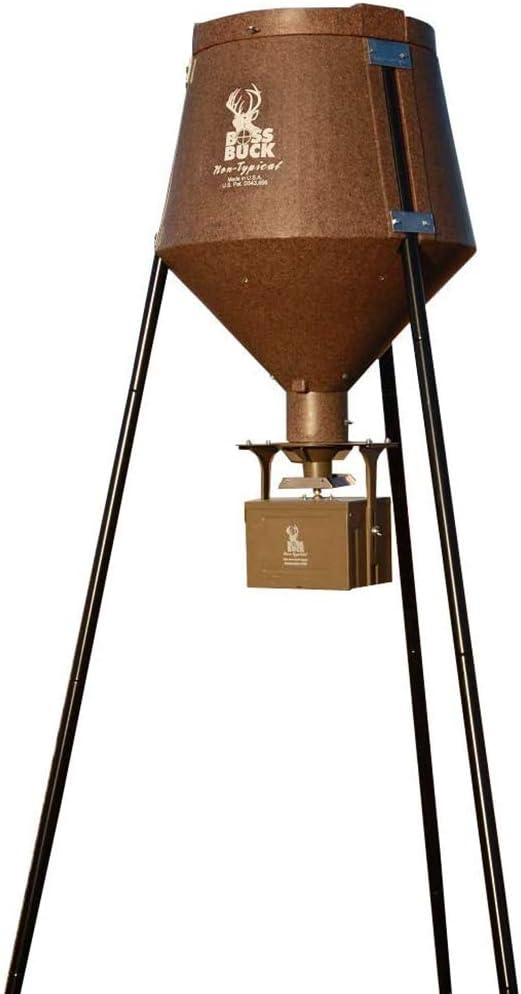BOSS BUCK 200 LB Deer Feeder/Hunting Durable Lightweight Plastic UV Protected Waterproof Game Feeder with 12V Spinner Automatic Delivery System & Multi-Piece Legs