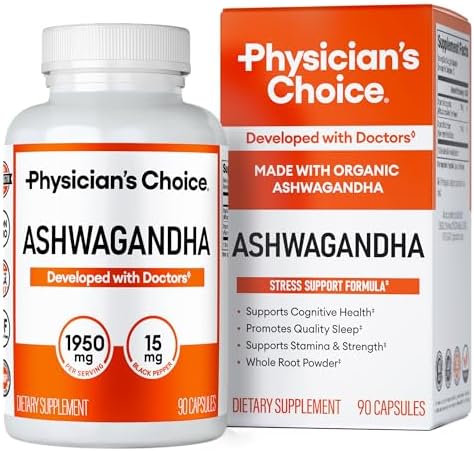 Physician's CHOICE Ashwagandha Supplement - 1950mg of Bioavailable Organic Ashwagandha Root Powder - Black Pepper Extract, Stress Support