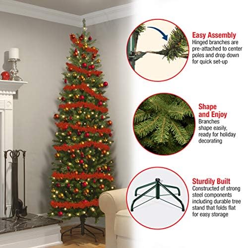 National Tree Company 7 ft Pre-Lit Kingswood Fir Slim Artificial Christmas Tree, 300 Warm White LED Lights, 892 Tips, Includes Stand