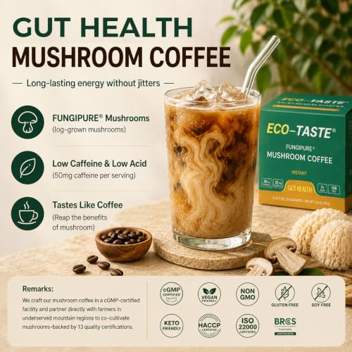 ECO-TASTE Mushroom Coffee Mix for Focus, 12 Sachets