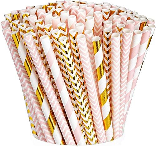 GUSTO [200 Pack] light Pink & Gold Paper Straws Disposable, 100% Biodegradable Multi-Pattern Party Straws For Birthday