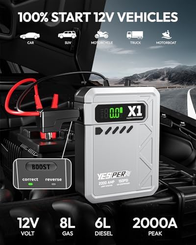 YESPER Jump Starter with Air Compressor 2000A 150PSI Battery Jumper Starter Portable(8L Gas/6L Diesel), 12V Car Jump Pack Battery Charger Jump Box with Jumper Cables, LCD Display, Lights | 2000A Battery Jumper Starter Portable(8L Gas/6L Diesel), Car Batt…