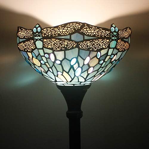 WERFACTORY Tiffany Floor Lamp Sea Blue Stained Glass Torchiere Pole Light | 12X12X71 Inches Dragonfly Standing Corner Torch Uplight Decor Bedroom