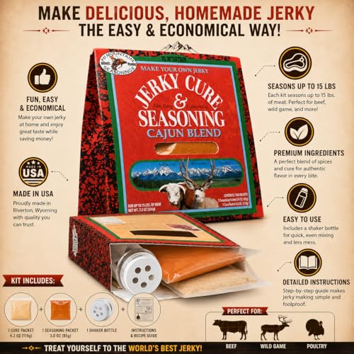 Hi Mountain CAJUN BLEND Jerky Seasoning and Cure Kit | Beef & Venison | Bold Cajun flavor, medium spicy heat, jerky seasoning for beef, deer, elk