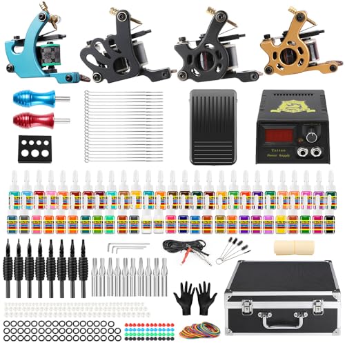 Solong Complete Tattoo Kit 4 Pro Machine Guns 54 Inks Power Supply Foot Pedal Needles Grips Tips Carry Case TK456-US（Machine color random）