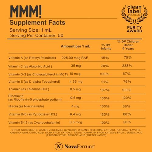 NovaFerrum MMM | Multivitamin for Kids, Infants and Toddlers | Vitamin C, D3, E | Gluten Free Certified | Sugar Free | No Artificial Colors | Ages 4 & Under | Orange Flavored | 2 Fl Oz (50 mL)