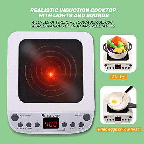 CUTE STONE Pretend Play Kitchen Toy with Cookware Steam Pressure Pot and Electronic Induction Cooktop, Cooking Utensils, Toy Cutlery, Cut Play Food