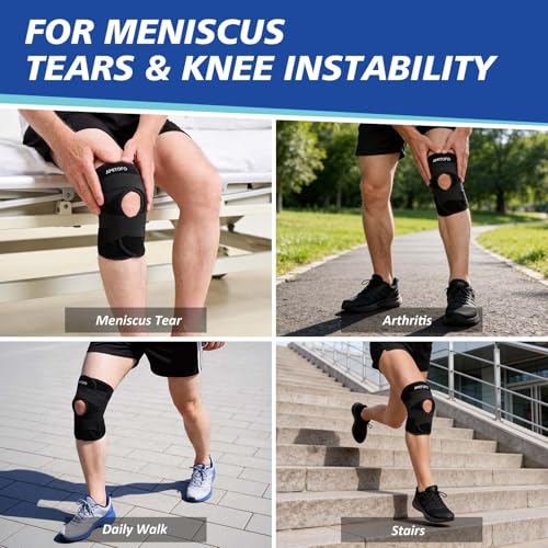 Knee Brace for Meniscus Tear, Spring Stabilizers for ACL MCL Black | Patella Gel Pad, Adjustable Medium Support Brace for Men and Women