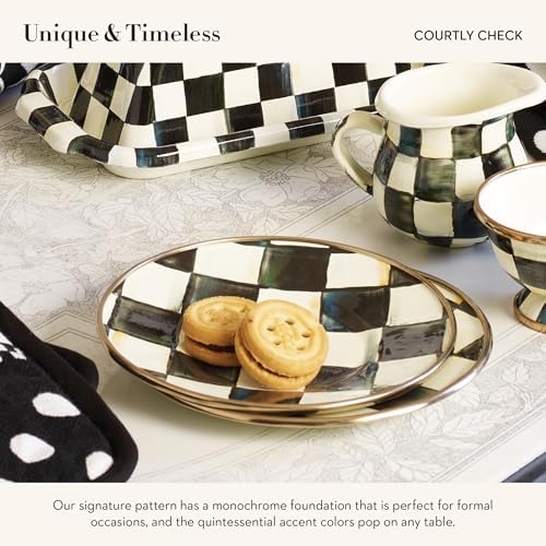 MACKENZIE-CHILDS Enamel Saucer, Black-and-White Courtly Check | Hand-painted design, made from enameled steel, small plate for a coffee cup or teacup, 6" dia.