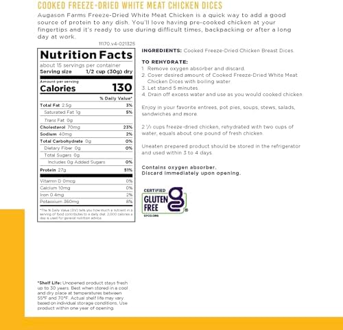 Augason Farms Cooked Freeze Dried White Meat Chicken Dices Can | Emergency Food Supply, Everyday Meals, 15 Servings