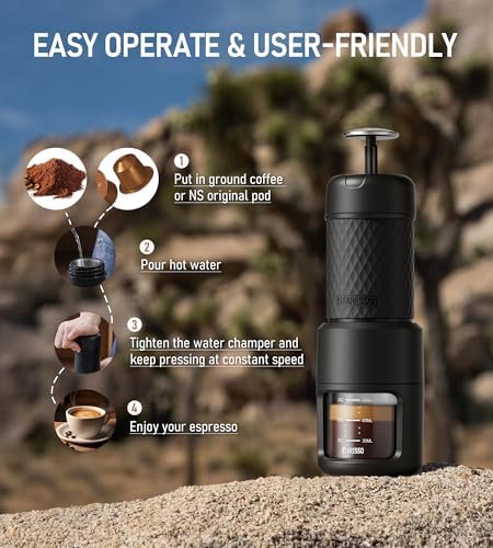 STARESSO Classic Manual Espresso Maker, 2 IN 1 Travel Coffee Machine | Compatible Ground Coffee & NS Original Pods, Stainless Steel Water Chamber