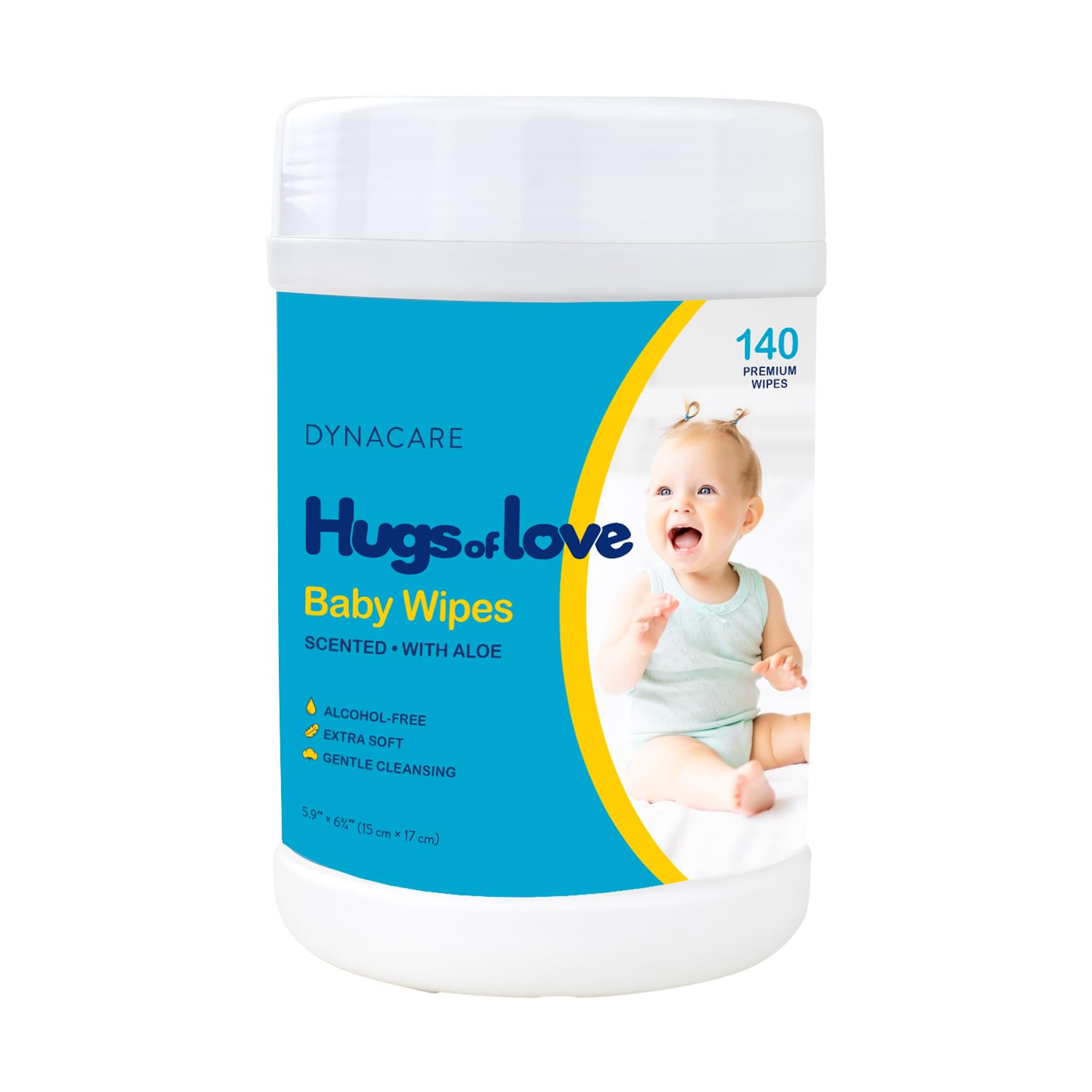 Dynarex DynaCare Hugs of Love Baby Wipes - Scented - Alcohol-Free Wipes with Aloe & Lanolin, Safe for Sensitive Skin - 140 Wipes per Canister