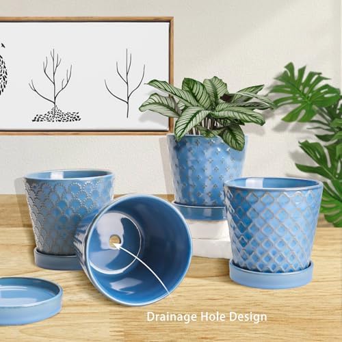 EFISPSS Ceramic Plant Pots, 5 Inch Planters with Drainage Holes and Ceramic Tray, Relief Design Flower Planter