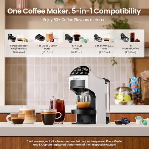 Magician2 5-in-1 Mini Coffee Maker & Machine | 20 Bar, LED Touch, 42oz Tank | Fits K Cup/Nespresso/Dolce Gusto & ESE Pods, Touchscreen & Pods Recognition, Adjustable Temp/Volume, For Kitchen/Office/Dorm