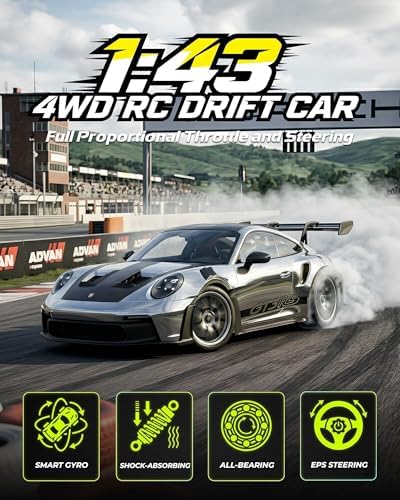 ARRIS 1/43 911 RC Drift Car 4WD with Gyro Full Proportional RTR | Alloy Body, 20KM/H Speed, Extra Drift Tires, Silent Bearings, LED Lighting