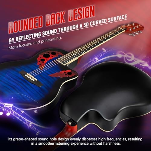GLARRY 41in Acoustic Electric Guitar, Unique Round-back Design, 6 String Cutaway Guitar Beginner Kit with 15W Amp, EQ, Bag, Strap, Picks, Strings (Black With AMP, Full-Right Handed)
