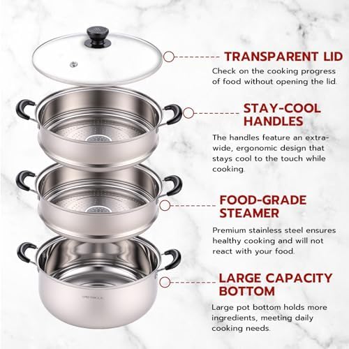 3-Tier 24 Qt Stainless Steel Steamer Pot with Glass Lid – Multi-Layer Stackable Cookware for Tamales