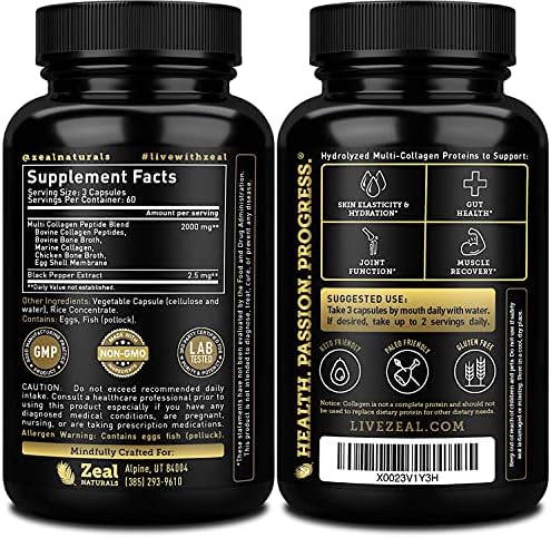 Multi Collagen Peptides Pills (Types Ⅰ, Ⅱ, Ⅲ, Ⅴ, Ⅹ) Grass Fed Collagen Pills (180 Capsules) - Hydrolysate Collagen Protein Blend for Hair