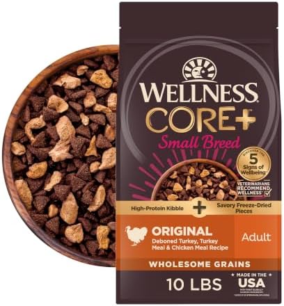 Wellness CORE+ Small Breed Adult Dry Dog Food with Freeze Dried Pieces, Wholesome Grain Kibble+, Natural, High Protein, Turkey and Chicken Recipe, 4 lb Bag