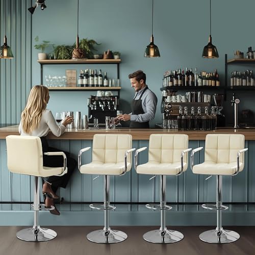 Yaheetech Bar Stools Set of 2, Swivel with Backs, Adjustable Height, White | 360° Swivel Barstools Feature Padded PU Leather Seats, Supportive Backs, 300 lb Capacity for Kitchen Islands