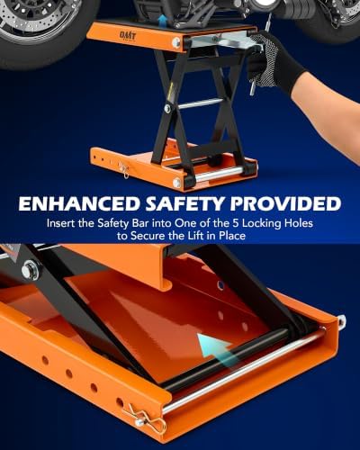 OMT 1100lb Motorcycle Scissor Lift Jack Wide Deck Motorbike Hoist Stand | Center Stand For ATV Dirt Bike Cruiser; T Handle And 3/8 Inch Socket; 3.7 To 14.6 Inch Lift; 5 Locking Holes; Chain Brush