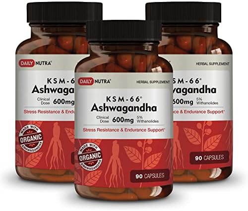 DailyNutra KSM-66 Ashwagandha 600mg Organic Root Extract - High Potency Supplement with 5% Withanolides | Relieves Tiredness, Supports Relaxation, Focus, Energy, & Muscle Growth (90 Capsules)