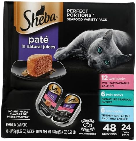 Sheba Perfect Portions Pate Wet Cat Food, Seafood Pack, 2.6 oz, 12 ct, 2pk | Grain-free, made in USA, Salmon & Whitefish-Tuna, 48 servings total, sustainable seafood, twin-pack trays