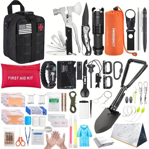 Survival Kit, 252Pcs Survival Gear First Aid Kit with Molle System Compatible Bag and Emergency Tent, Emergency Kit for Earthquake, Outdoor Adventure