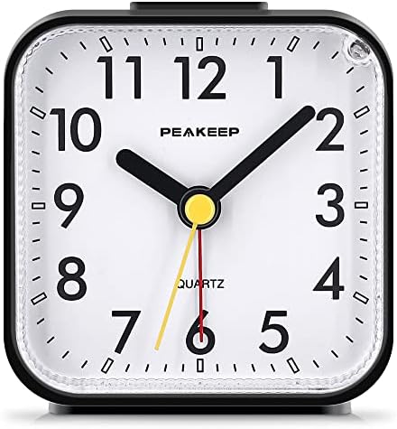 Peakeep Small Battery Operated Analog Travel Alarm Clock Silent | No Ticking, Lighted on Demand and Snooze, Beep Sounds, Gentle Wake, Ascending Alarm, Easy Set (Black)