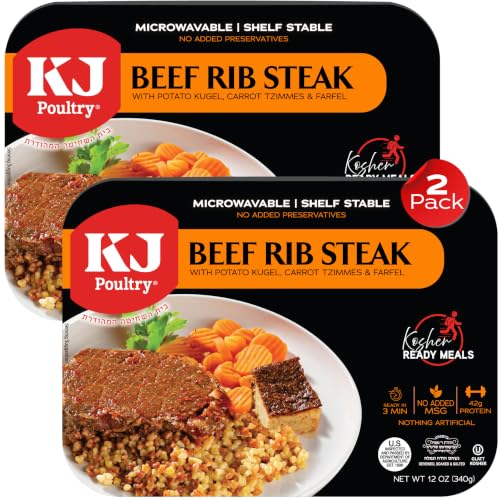 KJ Poultry Kosher Ready Meals - Beef Rib Steak & Kugel, MRE Meat Meals Ready to Eat, Shabbos Food (1 Pack) Prepared Entree Fully Cooked, Shelf Stable Microwave Dinner Travel Military Camping Survival