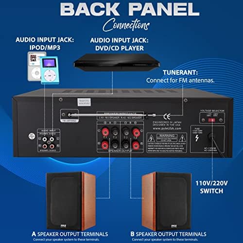 Pyle Home Stereo Amplifier with Bluetooth - 300 Watt Max 4 Channel Stereo Receiver with Easy Karaoke - Dual Mic In with EQ and Echo, USB-A and SD Card In, RCA In, RCA Out, LED Display - PT272AUBT
