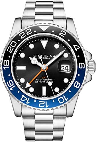 Stuhrling Original Men's Stainless Steel GMT Watch Quartz - 42mm Quartz Analog Wrist Watch for Men, Mens Quartz Watch, Stainless Steel Case